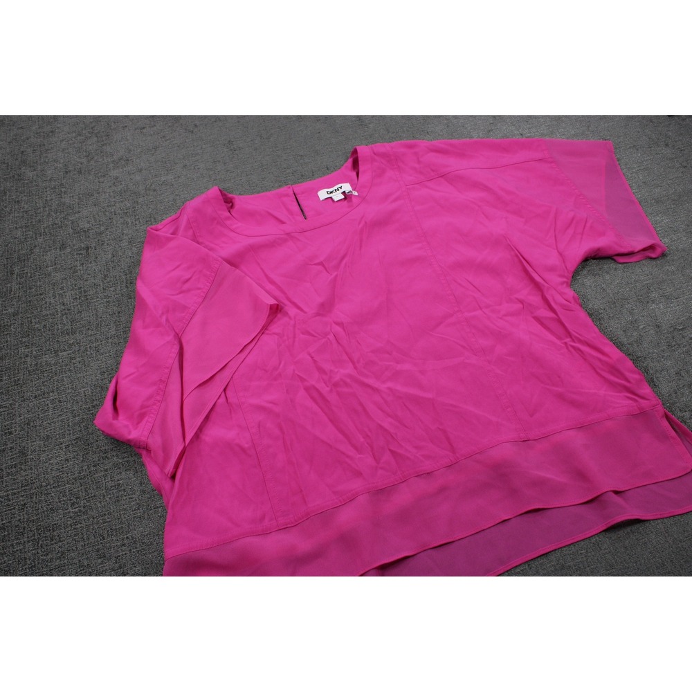 DKNY Womens Fuchsia Pink Layered Chiffon Hem Blouse Short Sleeve Top Size L